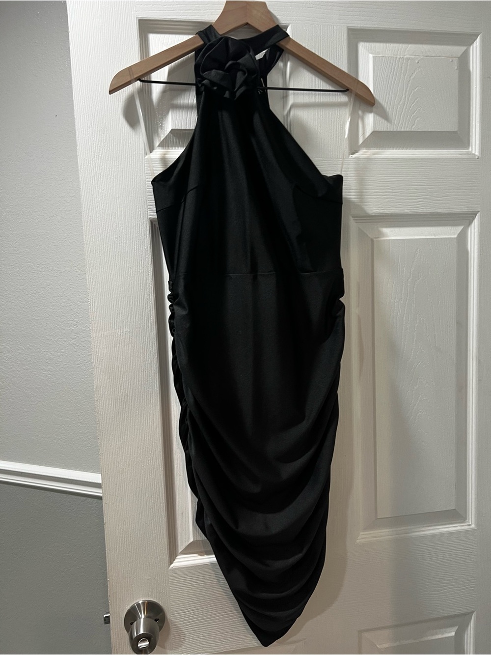 Black Halter Ruched Cocktail Dress